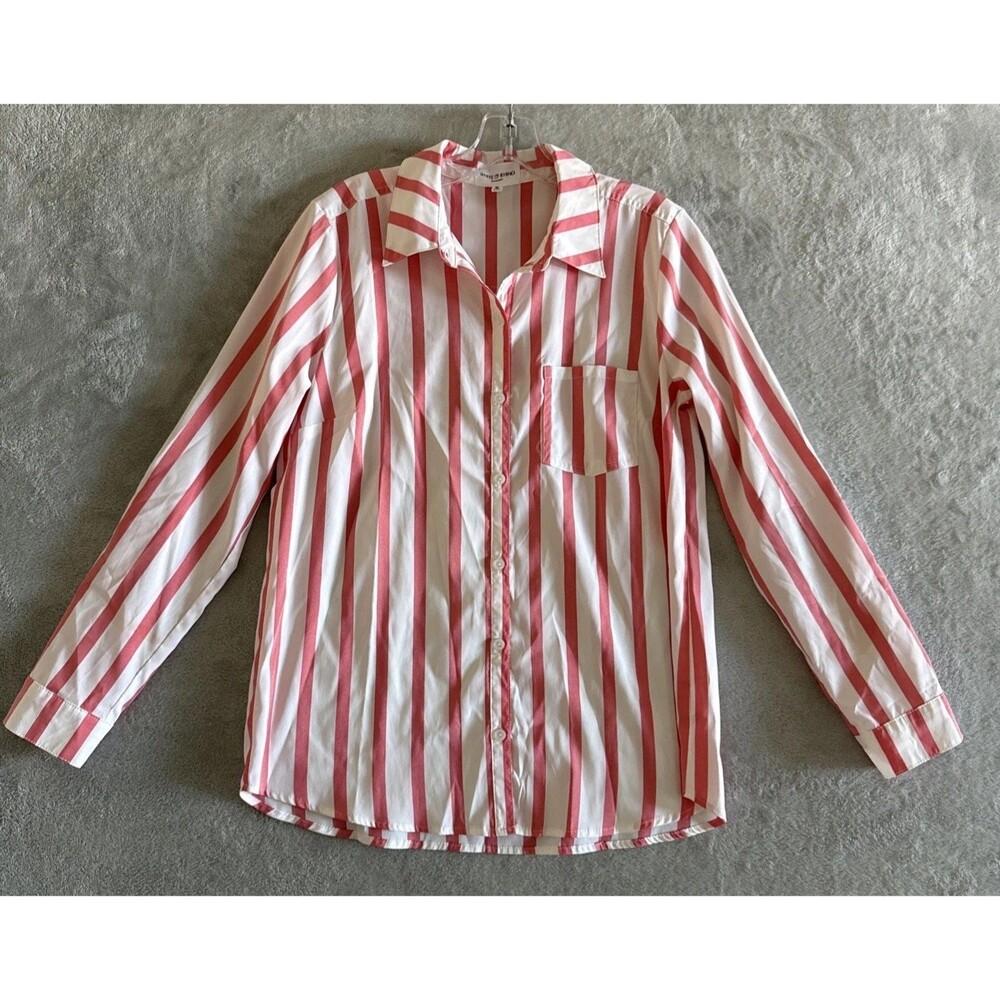 Women’s Pink White Striped Shirt Collared Lightweight Long Sleeve Blouse Size M